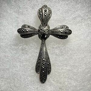 Vintage Style Sterling 925 A TH Marcasite Christian Cross Brooch Pendant